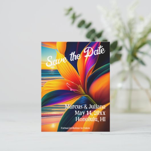Tropische Paradies-Blume Save the Date Postkarte (Stehend Vorderseite)