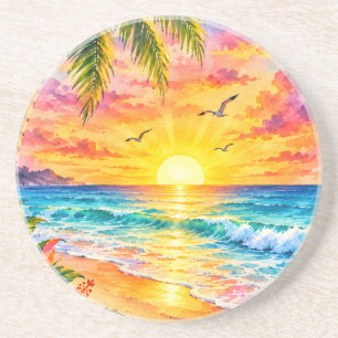 Tropische Paradies-Sonnenuntergang-Aquarell-Strand Getränkeuntersetzer