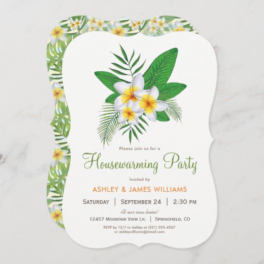 Tropische Party Einladung Plumeria Housewarming (Vorne/Hinten)