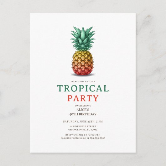 Tropische Party mit retro Ananas-Einladung Postkarte (Vorderseite)