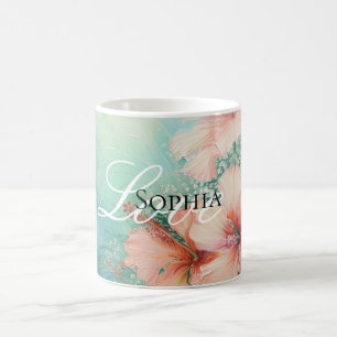 Tropische Pfirsich Weiße Hibiskus Blumen Liebe  Kaffeetasse
