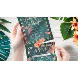 Tropische Pflanze Blume Leaf Gold Frame Hochzeit R All In One Einladung