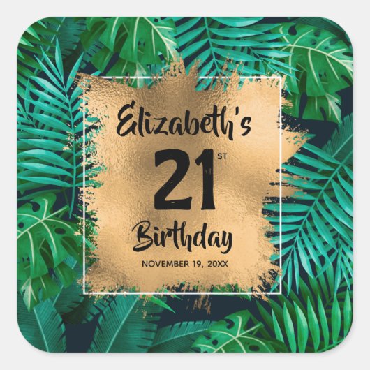 Tropische Pflanze Gold 21. Geburtstag Personalisie Quadratischer Aufkleber (Vorderseite)