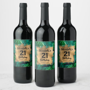 Tropische Pflanze Gold 21. Geburtstag Personalisie Weinetikett