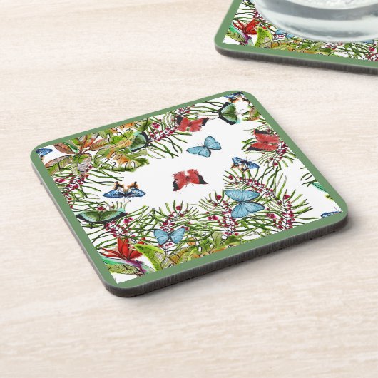 Tropische Pflanze Schmetterlinge Berries Red Blue Getränkeuntersetzer (Linke Seite)