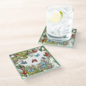 Tropische Pflanze Schmetterlinge Berries Red Blue Glasuntersetzer (Schrägansicht)