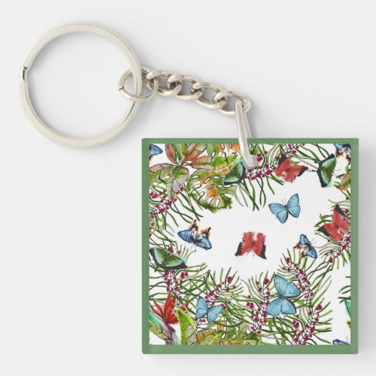 Tropische Pflanze Schmetterlinge Berries Red Blue Schlüsselanhänger (Vorderseite)