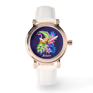 Tropische Pflanze und Flamingo Personalisiert Armbanduhr