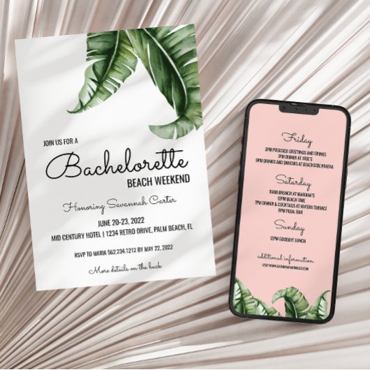 Tropische PInk Bachelorette Einladung + Reiseroute