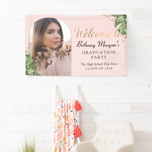 Tropische Pink-Gold-Arch-Foto-Graduierungsparty Banner (Insitu)