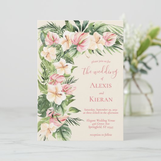 Tropische Plumeria und Flamingo Lily Frame Einladu Einladung (Stehend Vorderseite)