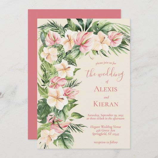 Tropische Plumeria und Flamingo Lily Frame Einladu Einladung (Vorne/Hinten)