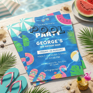 Tropische Poolparty Blau Pink Sommer Geburtstag Einladung