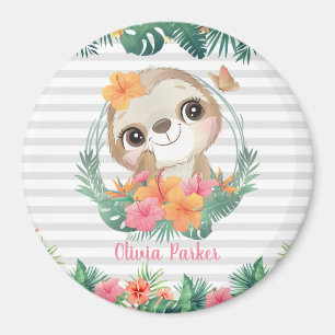 Tropische Ränder Hibiskus Blumen Faultier Custom Magnet