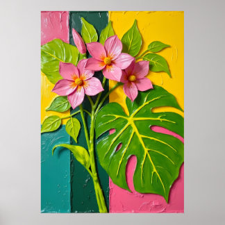 Tropische rosa Blumen Monstera-Blatt kühne Kunst P Poster