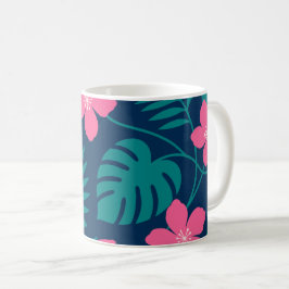 Tropische rosa Blumen und grünes Blattwerk Design Kaffeetasse