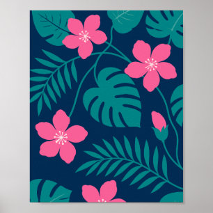 Tropische rosa Blumen und grünes Blattwerk Design Poster