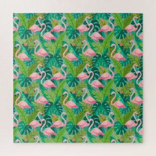 Tropische rosa Flamingos Dschungelfoliage Puzzle