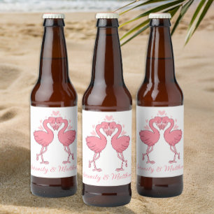 Tropische rosa Flamingos Sommer-Strandhochzeit Bierflaschenetikett