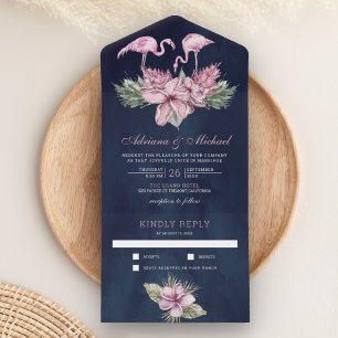 Tropische rosa florale Flamingo-Navyblau-Hochzeit All In One Einladung