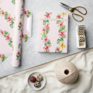 Tropische rosa gelbe Hibiskusblüten Geburtstag Geschenkpapier