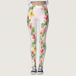 Tropische rosa-gelbe Hibiskusblüten Leggings