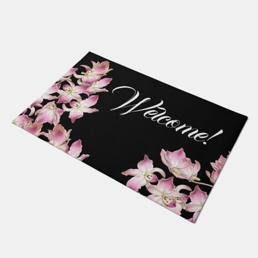 Tropische rosa weiße Orchideen-Blumen-willkommene Fußmatte (Schrägansicht)