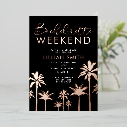 Tropische Rose Gold Bachelorette Folieneinladung (Stehend vorne)