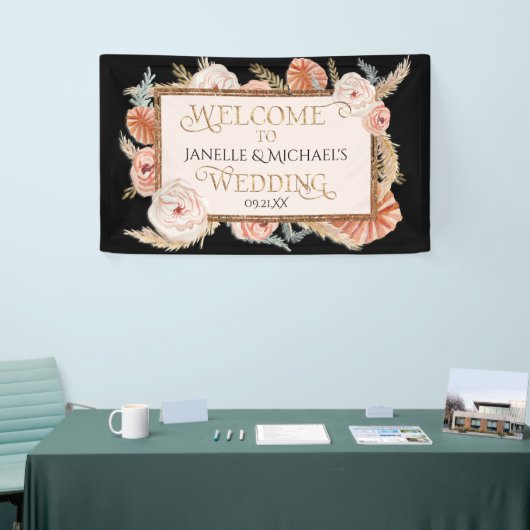 Tropische Rose Gold Black Blush Pampas Palmen Banner (Messeveranstaltung)