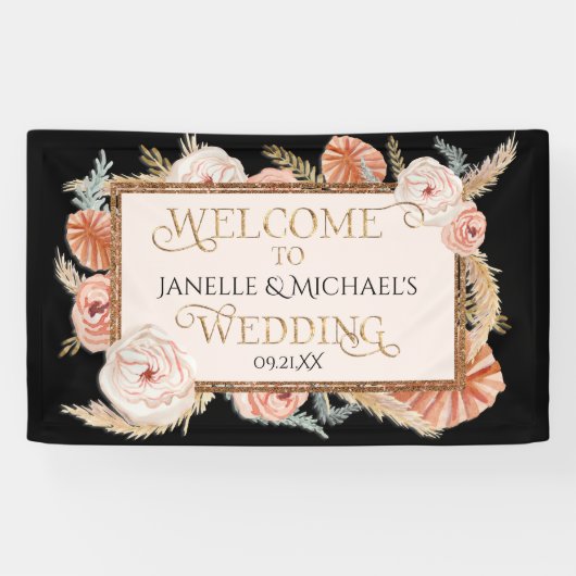 Tropische Rose Gold Black Blush Pampas Palmen Banner (Horizontal)