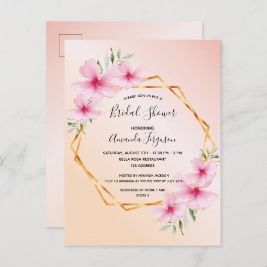 Tropische Rose Gold Brautdusche Einladung Postkarte (Vorne/Hinten)