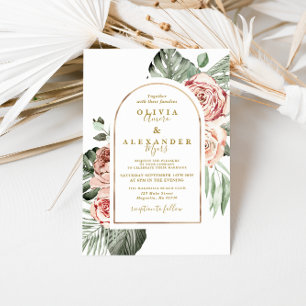 Tropische Rose und Palmen Blätter Hochzeit Einladung