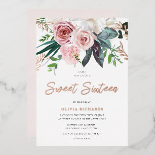 Tropische Rosen mit rosafarbenem Schimmer Sweet 16 Folieneinladung