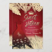 Tropische Rote Blätter Glitzer Schmetterling Tiara Einladung (Vorne/Hinten)