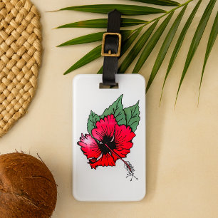 Tropische rote Hibiskusblüte mit grünen Blättern  Gepäckanhänger