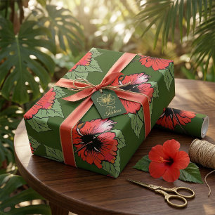 Tropische rote Hibiskusblüte mit grünen Blättern Geschenkpapier