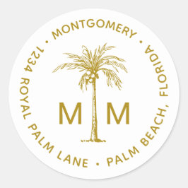 Tropische Rücksendeadresse der Monogram Palm Tree Runder Aufkleber