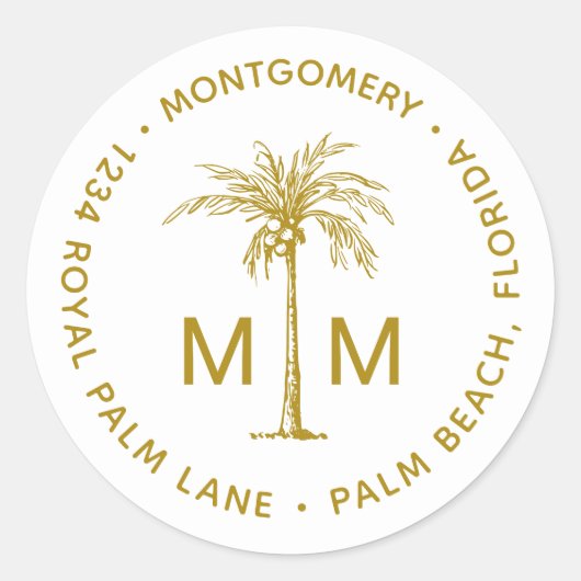 Tropische Rücksendeadresse der Monogram Palm Tree Runder Aufkleber (Vorderseite)