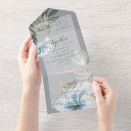 Tropische Rustikale Hochzeit mit blauer Flora All In One Einladung