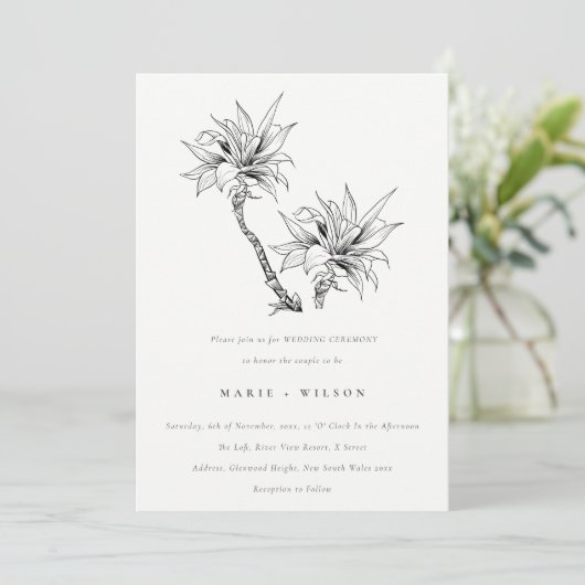 Tropische Rustikale Palmen Schwarz-weiße Sketch-Ho Einladung (Stehend Vorderseite)