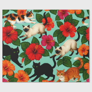 Tropische Schnurrhaare – Katzen zwischen Hibiskusb Geschenkpapier
