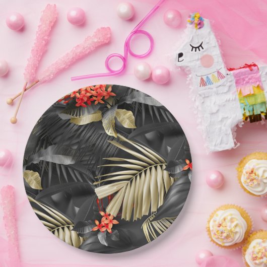 Tropische Schwarz & Gold-Verlass und Rote Blume Pappteller (Party)