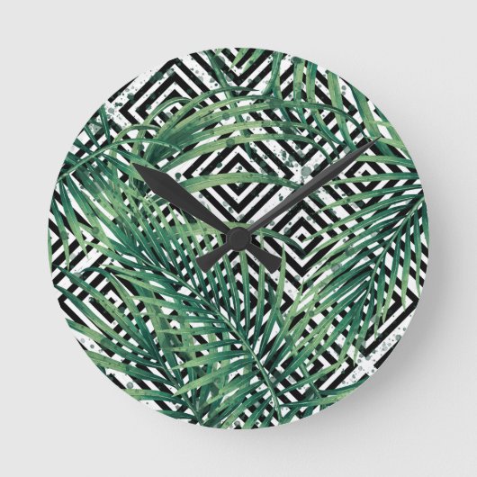 Tropische Schwarz-Weiß-Geometrie Runde Wanduhr (Vorderseite)