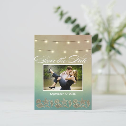 Tropische Seashell-Starfish Save the Date Postkart Ankündigungspostkarte (Stehend Vorderseite)