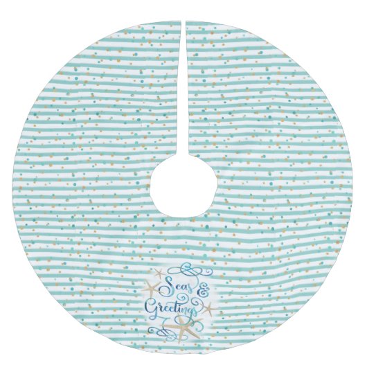 Tropische SEAsons Grüße, Aqua Stripe & Dots Polyester Weihnachtsbaumdecke (Vorderseite)