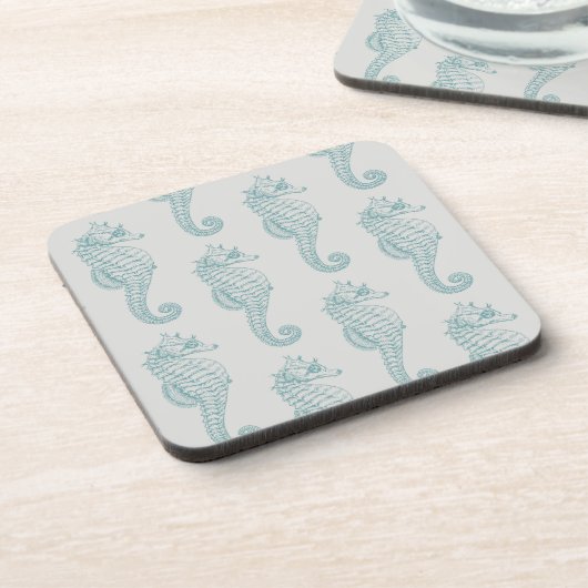 Tropische Seepferde, Seepferd Muster - Blau grau Getränkeuntersetzer (Linke Seite)