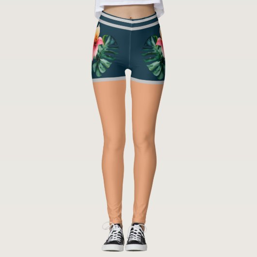 Tropische Shorts Rosa Blume Fake Bare Legs Streife Leggings (Vorderseite)