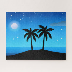 Tropische Silhouette mit Mond und Sternen Puzzle