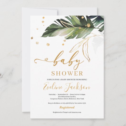 Tropische Sommerdusche und Blätter mit goldener Mä Einladung (Vorderseite)