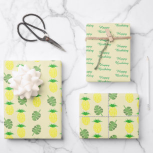 Tropische Sommergeburtstag Ananas- und Palmenbäume Geschenkpapier Set